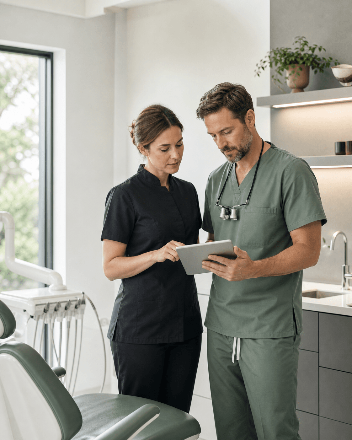 A dentist and practice coordinator reviewing a patient workflow together